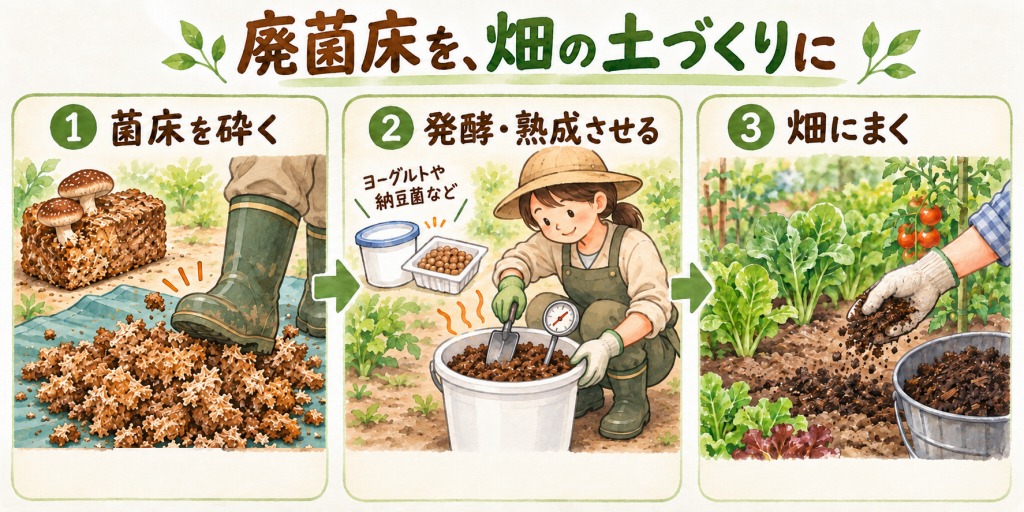 廃菌床を足で踏んで砕き、バケツで発酵・熟成させて畑にまく流れ
